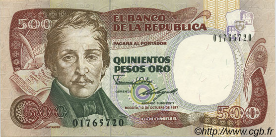 500 Pesos Oro COLOMBIA  1987 P.431 AU