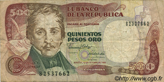 500 Pesos Oro COLOMBIA  1990 P.431 BC+