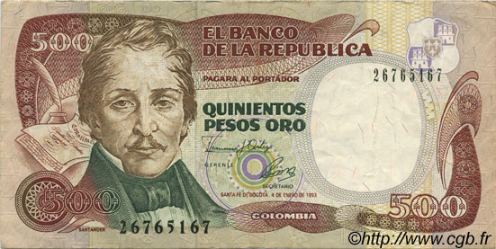 500 Pesos Oro COLOMBIA  1993 P.431A VF