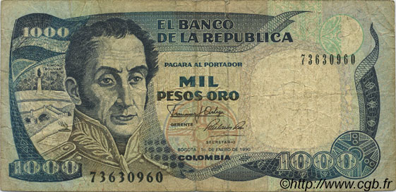 1000 Pesos Oro COLOMBIA  1990 P.432 VG