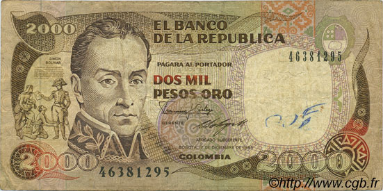 2000 Pesos Oro COLOMBIA  1986 P.433a MB