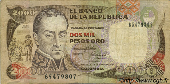 2000 Pesos Oro COLOMBIA  1990 P.433c BC