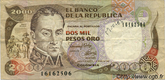 2000 Pesos Oro COLOMBIA  1992 P.433Aa BC