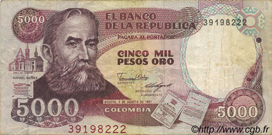 5000 Pesos Oro COLOMBIA  1987 P.435a q.BB