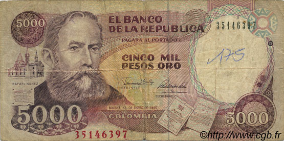 5000 Pesos Oro COLOMBIA  1990 P.436 MB