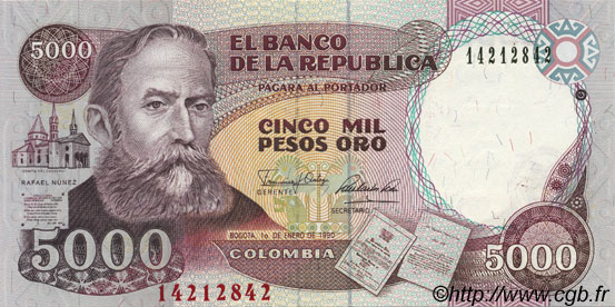 5000 Pesos Oro KOLUMBIEN  1990 P.436 ST