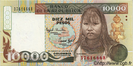 10000 Pesos Oro COLOMBIA  1993 P.437A FDC