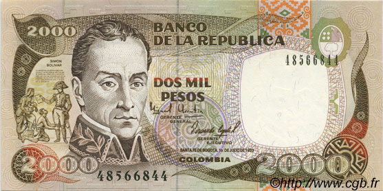 2000 Pesos COLOMBIA  1993 P.439a q.FDC