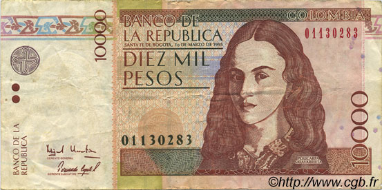 10000 Pesos COLOMBIA  1995 P.443 VF