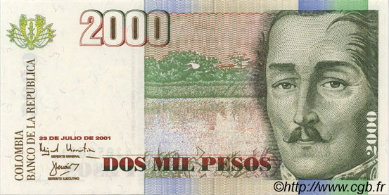 2000 Pesos COLOMBIA  2001 P.451b UNC-