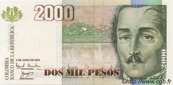 2000 Pesos COLOMBIA  2003 P.451g FDC