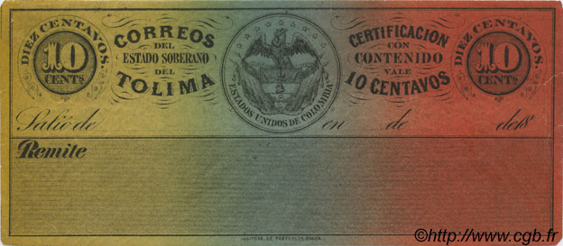 10 Centavos Non émis COLOMBIA  1890 PS.--- q.SPL