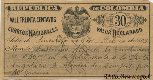 30 Centavos COLOMBIA  1899 PS.--- q.SPL
