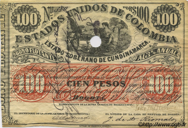 100 Pesos COLOMBIA  1871 PS.0166 XF