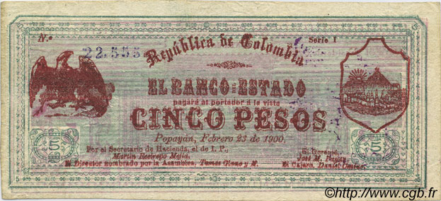 5 Pesos COLOMBIA  1900 PS.0495 MBC+