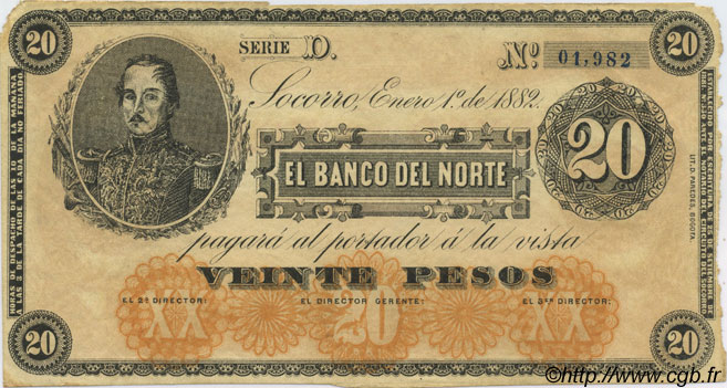20 Pesos COLOMBIA  1882 PS.0684 MBC+