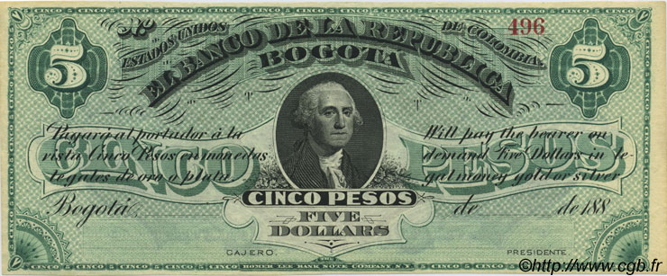 5 Pesos - 5 Dollars COLOMBIA  1880 PS.0809 q.FDC