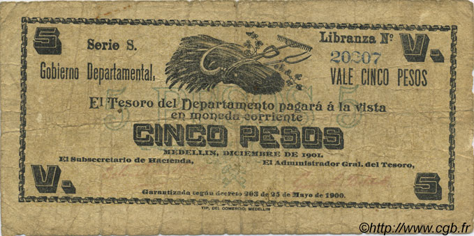 5 Pesos COLOMBIA  1901 PS.1088a q.MB