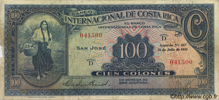 100 Colones COSTA RICA  1933 P.182a fSS