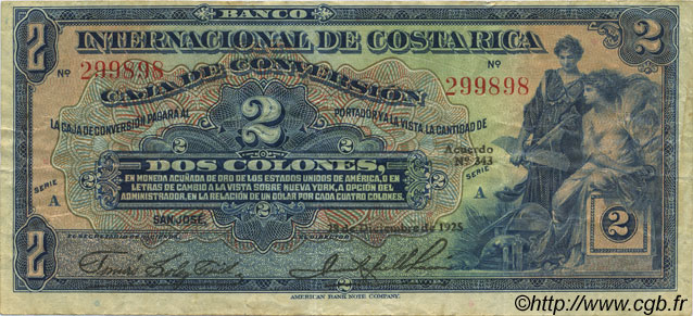 2 Colones COSTA RICA  1925 P.184 BB