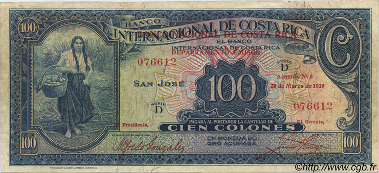 100 Colones COSTA RICA  1939 P.194a q.SPL