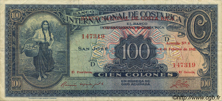 100 Colones COSTA RICA  1942 P.194a VZ