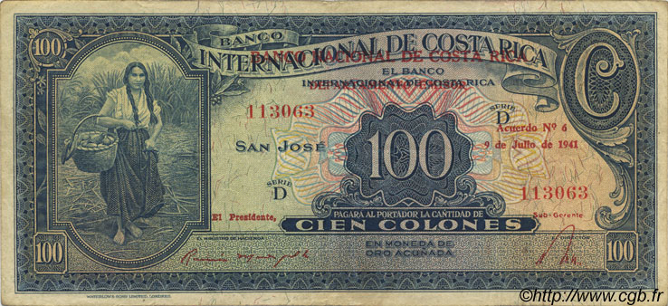 100 Colones COSTA RICA  1941 P.194b VF-