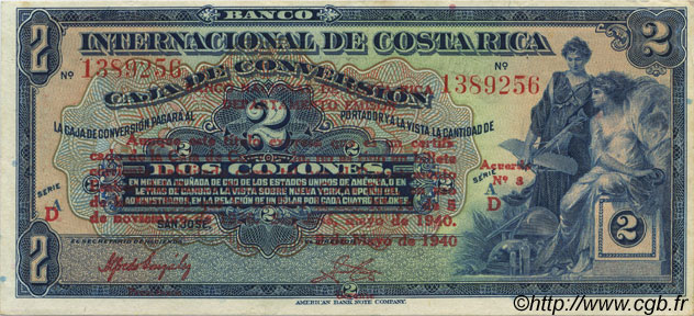 2 Colones COSTA RICA  1940 P.197b fST