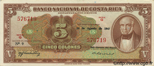 5 Colones COSTA RICA  1947 P.209c UNC-