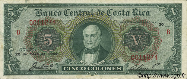5 Colones COSTA RICA  1959 P.227 VF+