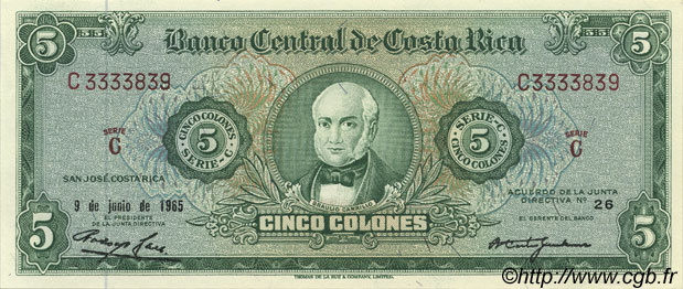 5 Colones COSTA RICA  1965 P.228 ST