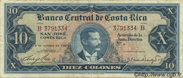 10 Colones COSTA RICA  1967 P.229 VF+