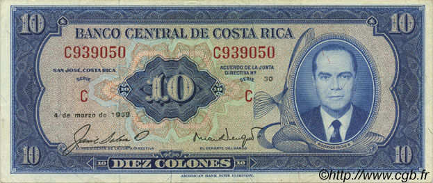 10 Colones COSTA RICA  1969 P.230a XF