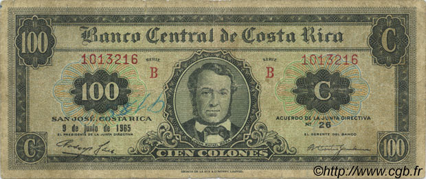 100 Colones COSTA RICA  1965 P.233a MB