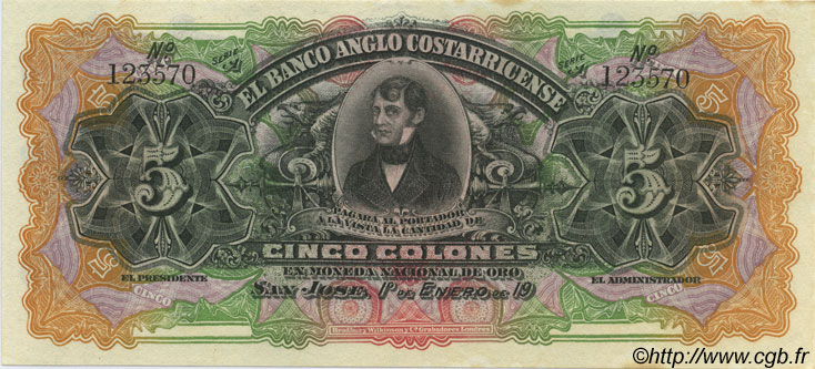 5 Colones Non émis COSTA RICA  1917 PS.122r SC+