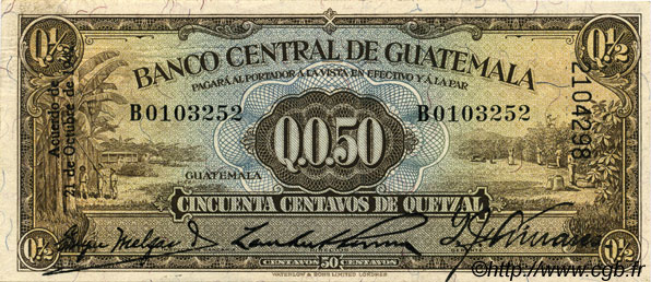 50 Centavos de Quetzal GUATEMALA  1942 P.013a AU