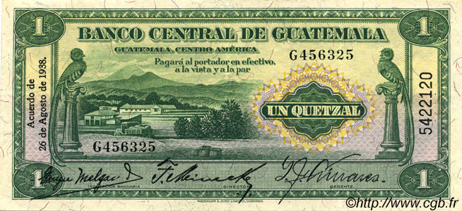1 Quetzal GUATEMALA  1938 P.014a SPL+