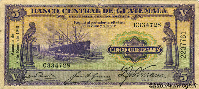 5 Quetzales GUATEMALA  1943 P.016a S