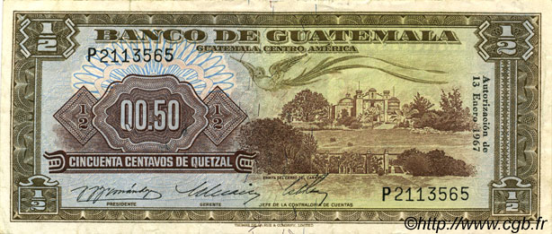 50 Centavos de Quetzal GUATEMALA  1967 P.051 MBC+