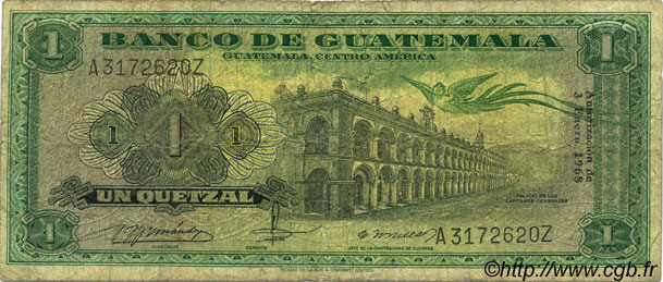 1 Quetzal GUATEMALA  1968 P.052 RC+