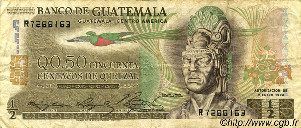 50 Centavos de Quetzal GUATEMALA  1977 P.058b BC