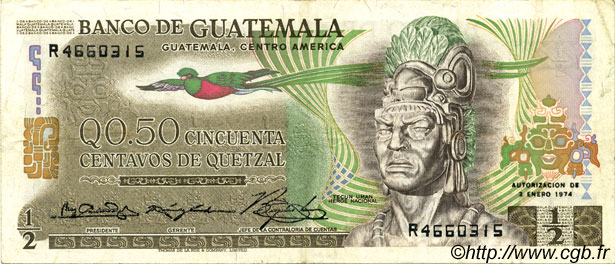 50 Centavos de Quetzal GUATEMALA  1974 P.058b VF+