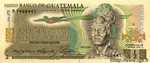 50 Centavos de Quetzal GUATEMALA  1977 P.058b AU