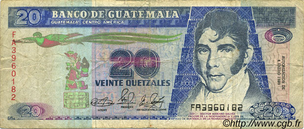 20 Quetzales GUATEMALA  1989 P.076 F-