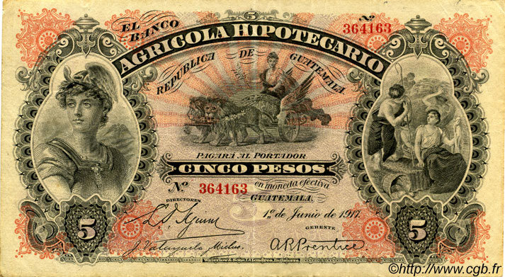 5 Pesos GUATEMALA  1917 PS.102c MBC+