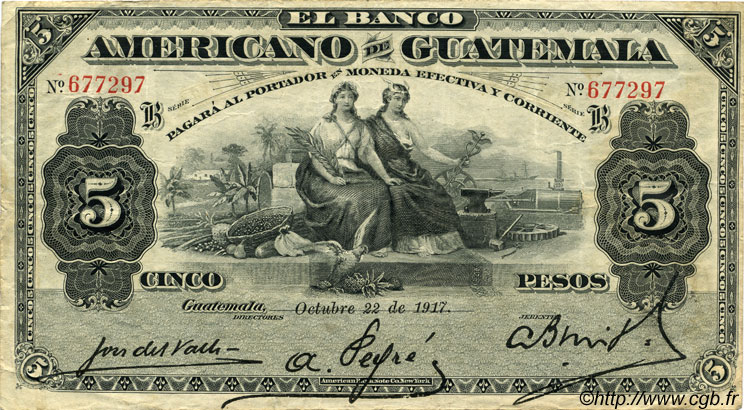 5 Pesos GUATEMALA  1917 PS.112b MBC+