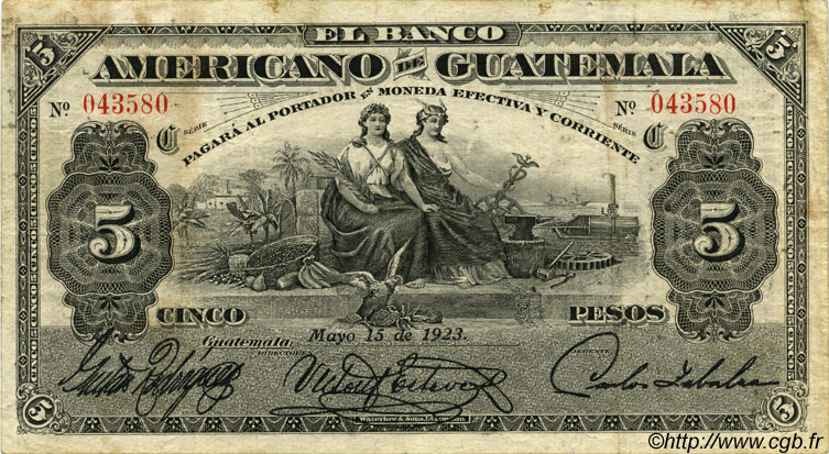 5 Pesos GUATEMALA  1923 PS.117 MBC
