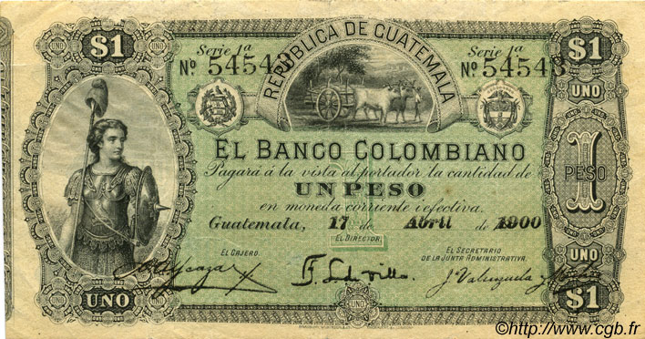 1 Peso GUATEMALA  1900 PS.121b VF+