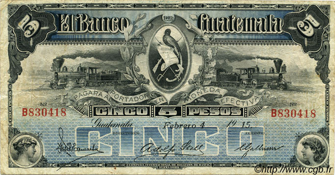 5 Pesos GUATEMALA  1915 PS.143c VF
