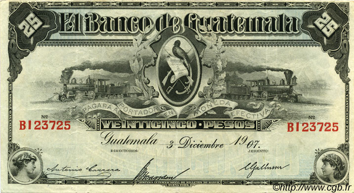 25 Pesos GUATEMALA  1907 PS.146a XF-